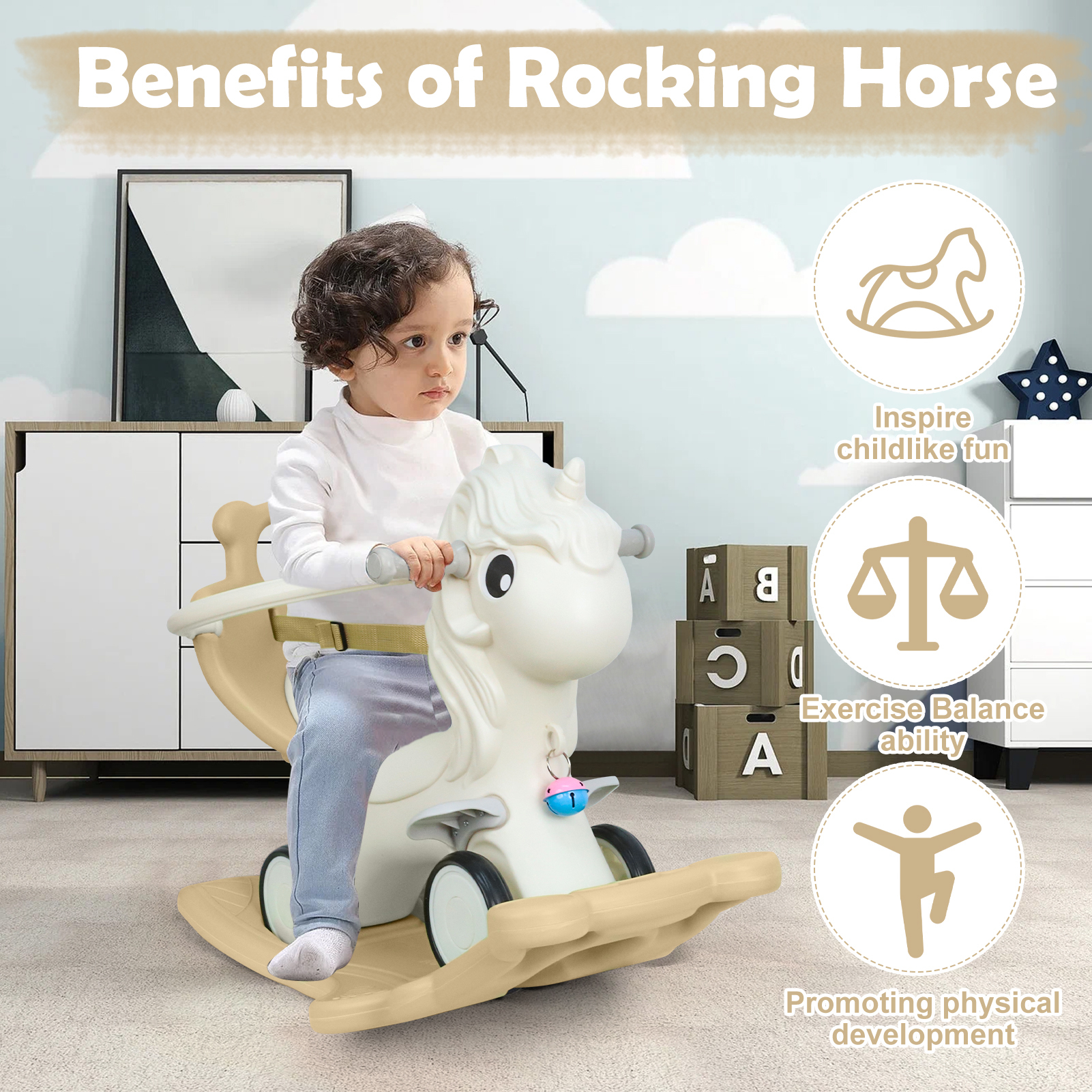 Wdmiya 4 in 1 Rocking Horse for Toddlers 1-3 Years Old, Baby Unicorn Rocking Toy Birthday Gift for Boy and Girl, Ride on Toy with Detachable Balance Board，Balance Bike with Push Handle, Khaki