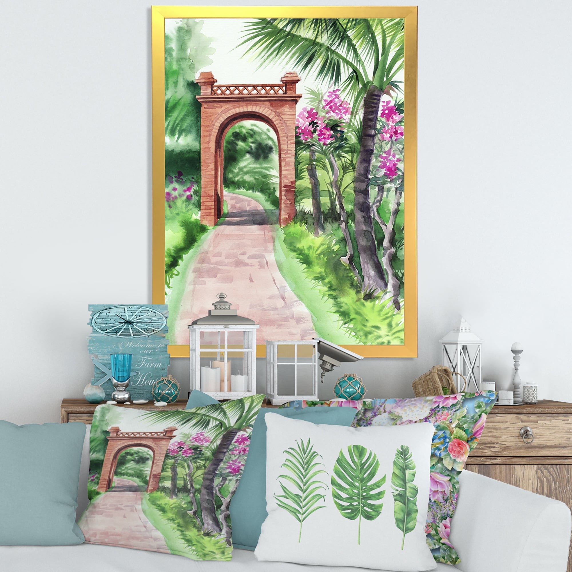 Designart 'Traditional Gate On Path In Tropical Oasis' Tropical Framed Art Print