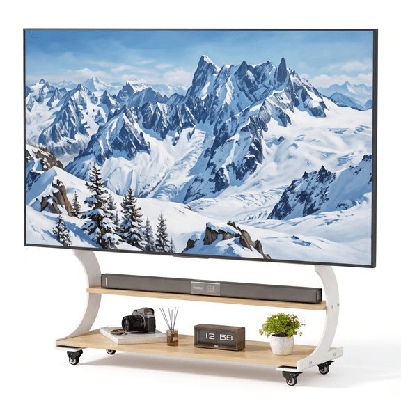 Arc-Shaped Art Mobile TV Stand Rolling TV Cart with Wheels for Most 50-100 Inch TV Portable Floor TV Stand with 2-Tier Wooden Shelves, Height Adjustable Holds up to 220lbs,VESA 900x600mm
