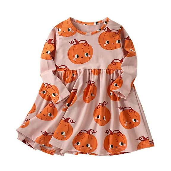 Vividxx Toddler Girl Dress Halloween Girls Dress Cute Cartoon Pumpkin Print Long Sleeve Round Neck Casual Party Outfit For Toddler Kids Years 2-3 Years