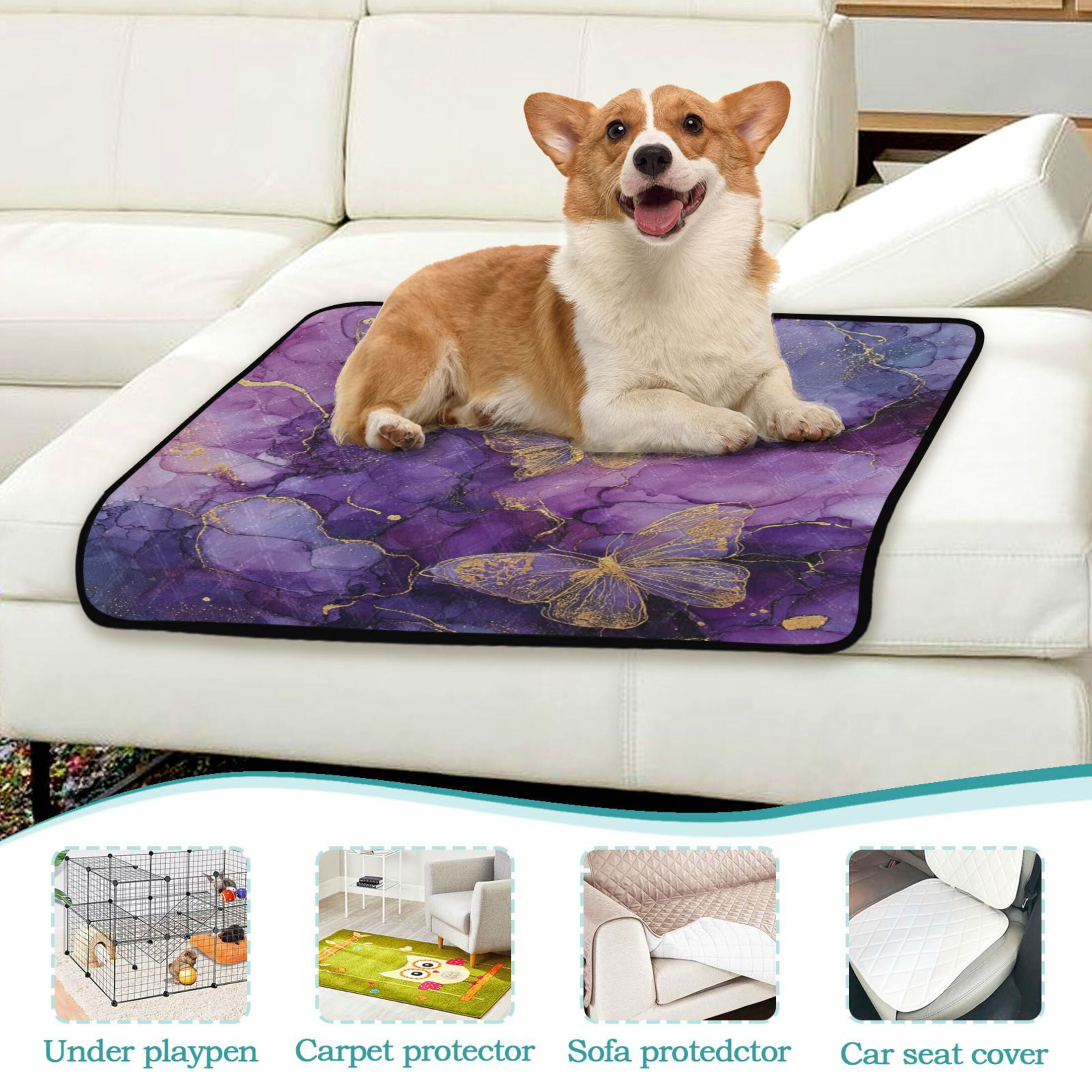 Qxltty Gold Trimmed Butterfly Cat litter Pads Pet Set of 3 Diaper Mats Center Anti-leakage Layer Absorbent Soft and Comfortable