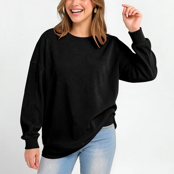 GuzomFashion Womens Oversized Crew Neck Sweatshirt with Lantern Sleeves - 100% Polyester, Wrinkle Resistant, Casual Daily/Layering, Black, S-XXL,Size XL