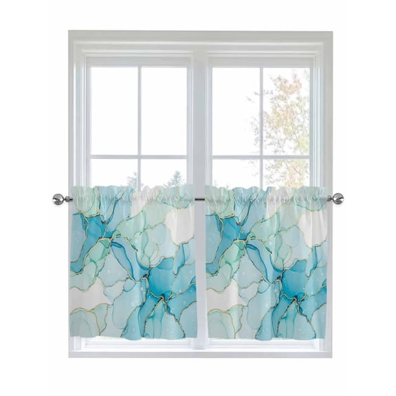 Turquoise Blue Marble 2 Panel Kitchen Curtains for Small Windows, Modern Abstract Art Cracks Bathroom Tier Curtain, Short Window Treatment for Bedroom/Living Room 55"x24"