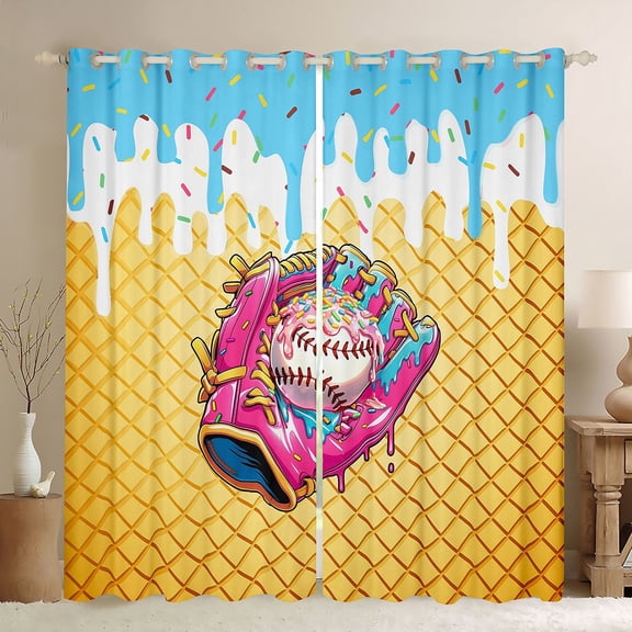 Erosebridal Pink Baseball Sport Glove Black Out Curtains,Kids Ball Gamer Curtains Pack of 2 (42x63 Each) For Ice Cream Baseball Lover