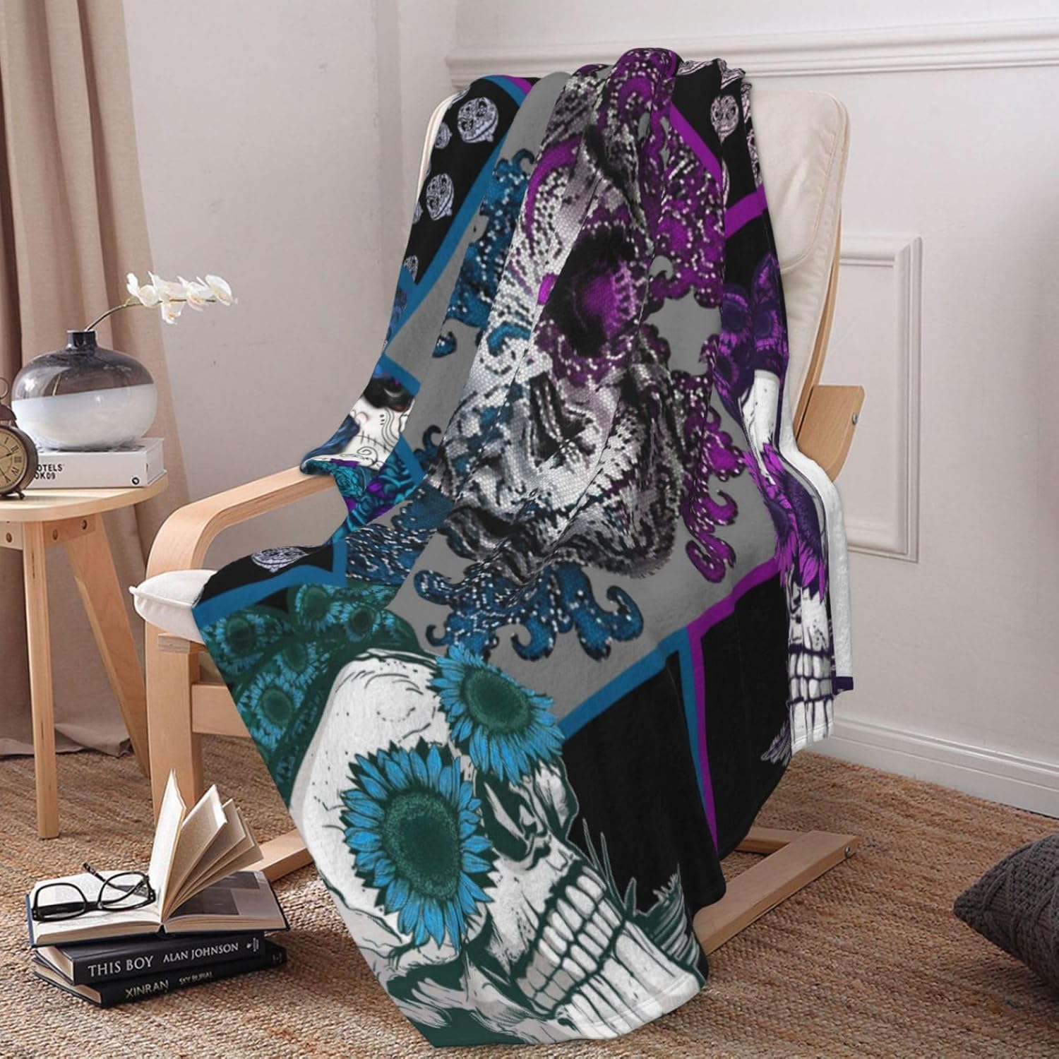Skull Blanket for Men Women Purple Skull Bed Blanket Soft Cozy Throw Blanket 80"x60" Flannel Fleece Blankets and Throws Lightweight Warmth Blanket for Halloween Kids Couch Bed Home Decor