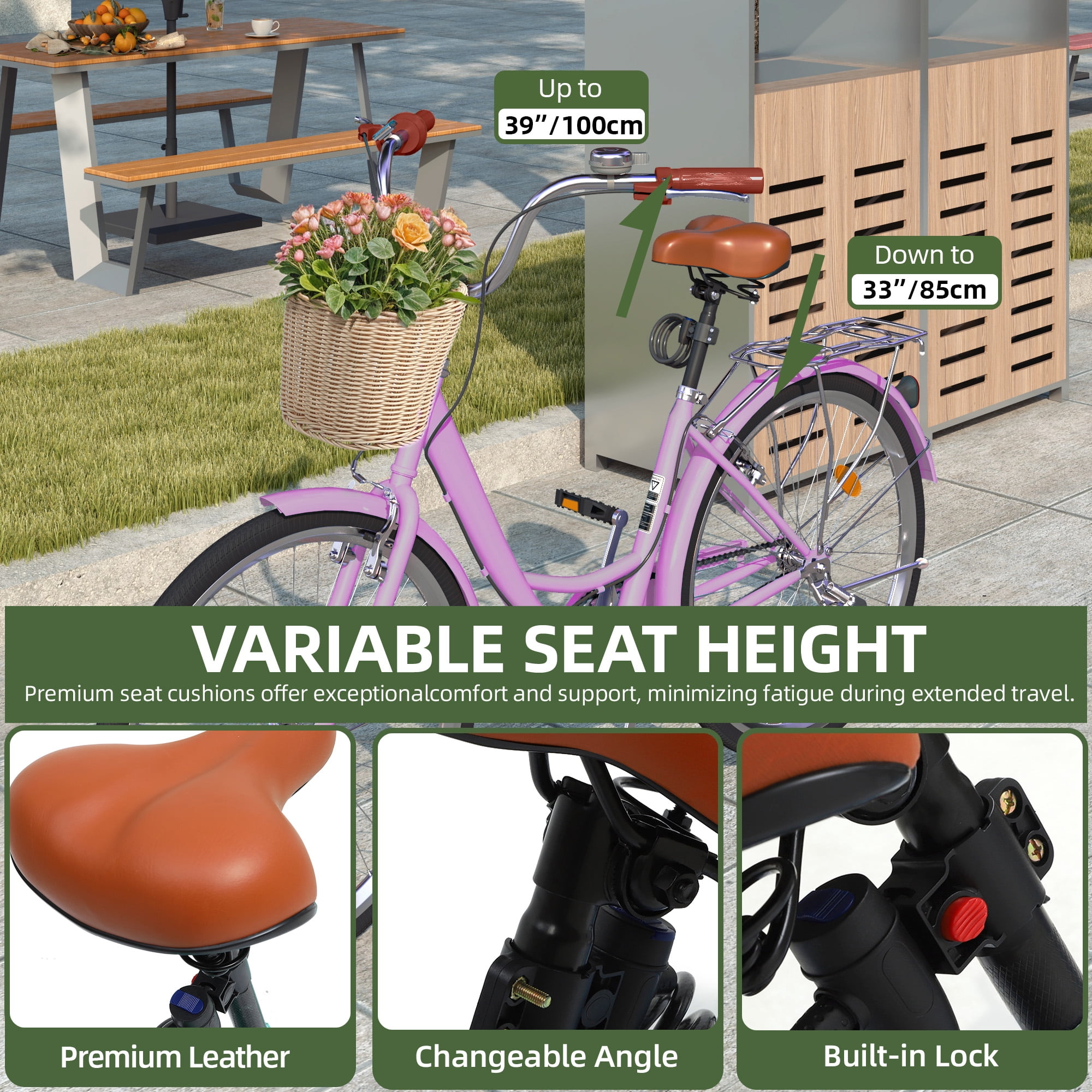 Uforic 26" Beach Cruiser Bike for Women, Adjustable Seat Single-Speed Commuter Bike Bicycle for Adults, Purple