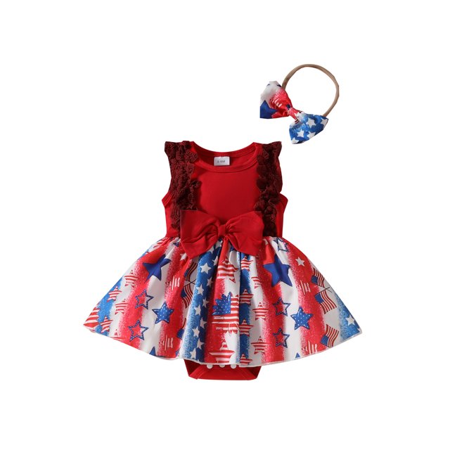 SUNSIOM Barboteuse Bébé Fille Jour de l'Indépendance Robe Sans Manches Imprimé Étoiles Barboteuse avec Bandeau