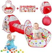 3pcs Kids Play Tent Crawl Tunnel and Ball Pit Popup Bounce Playhouse Tent for Indoor and Outdoor Use with Red Carrying Case