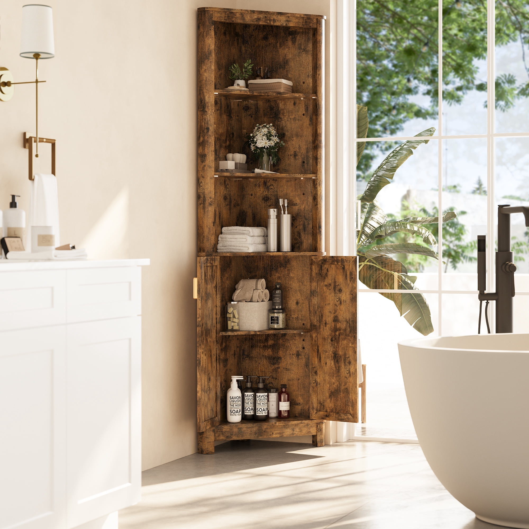 68" Tall Fluted Corner Cabinet for Bathroom, Modern Living Room & Kitchen - 5 Adjustable Shelves, Space-Saving Retro Storage, Curved Profile Design