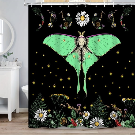 MIZHONA Gothic Moth Shower Curtain Moon Phase and Green Butterfly Fabric Bathroom Curtain 72x72 in