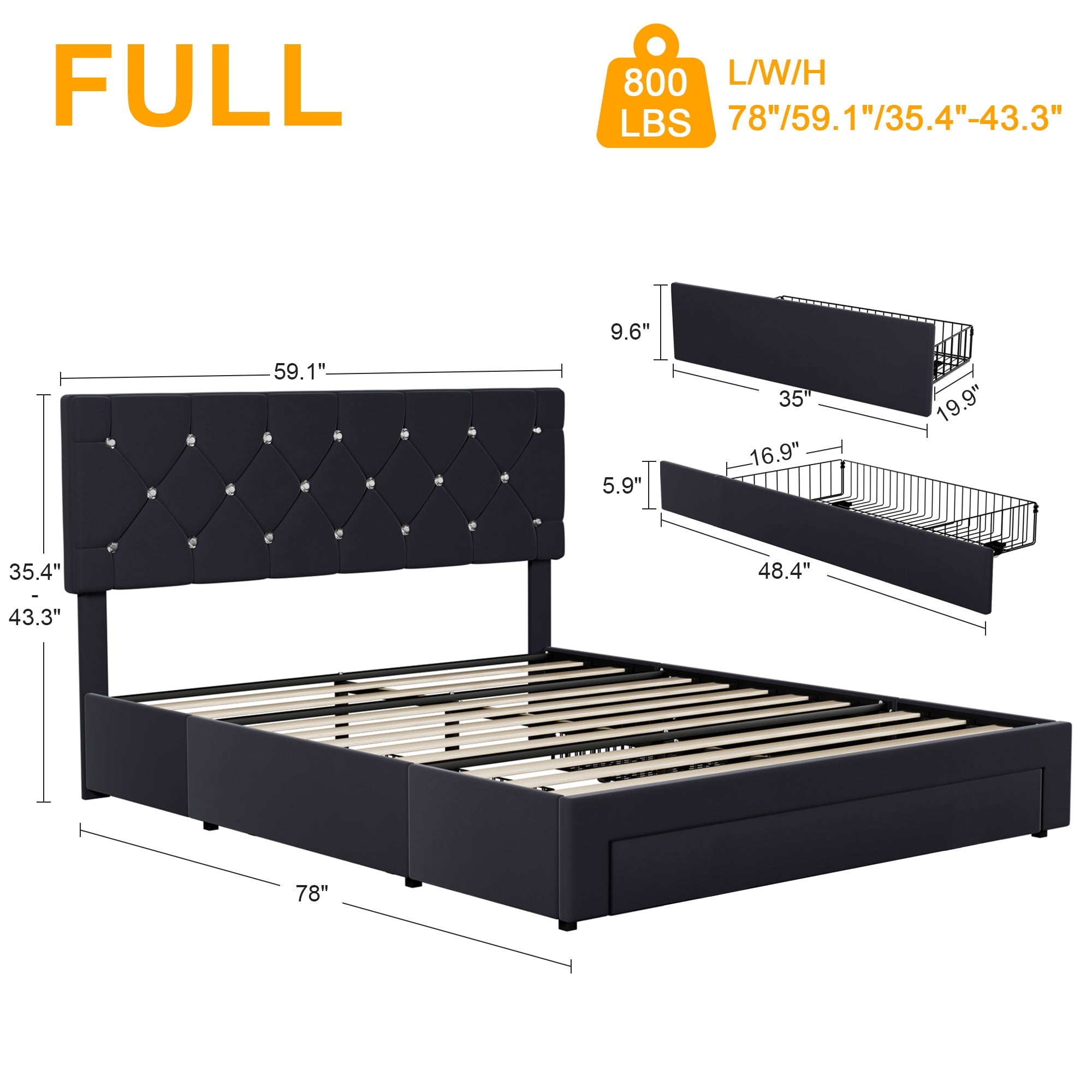 VECELO Full Size Upholstered Bed Frame with 3 Drawers & Adjustable Headboard, Under Bed Storage, Black