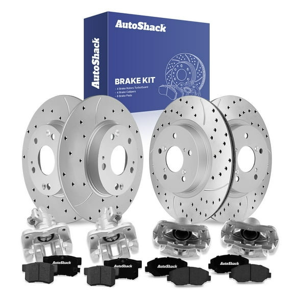 AutoShack Front Vented & Rear Solid Drilled & Slotted Coated Brake Rotors Silver Matte Finish   Ceramic Pads   Calipers 16-PC Brake Kit Replacement for 2014-2015 Acura ILX TurboGuard