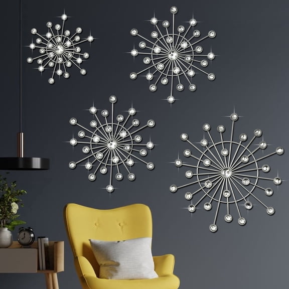 4 Pcs Silver Sunburst Wall Decor Set, Bling Crystal Starburst Metal Wall Art with Rhinestones, Modern Mid-Century Hanging Accents for Living Room & Bedroom