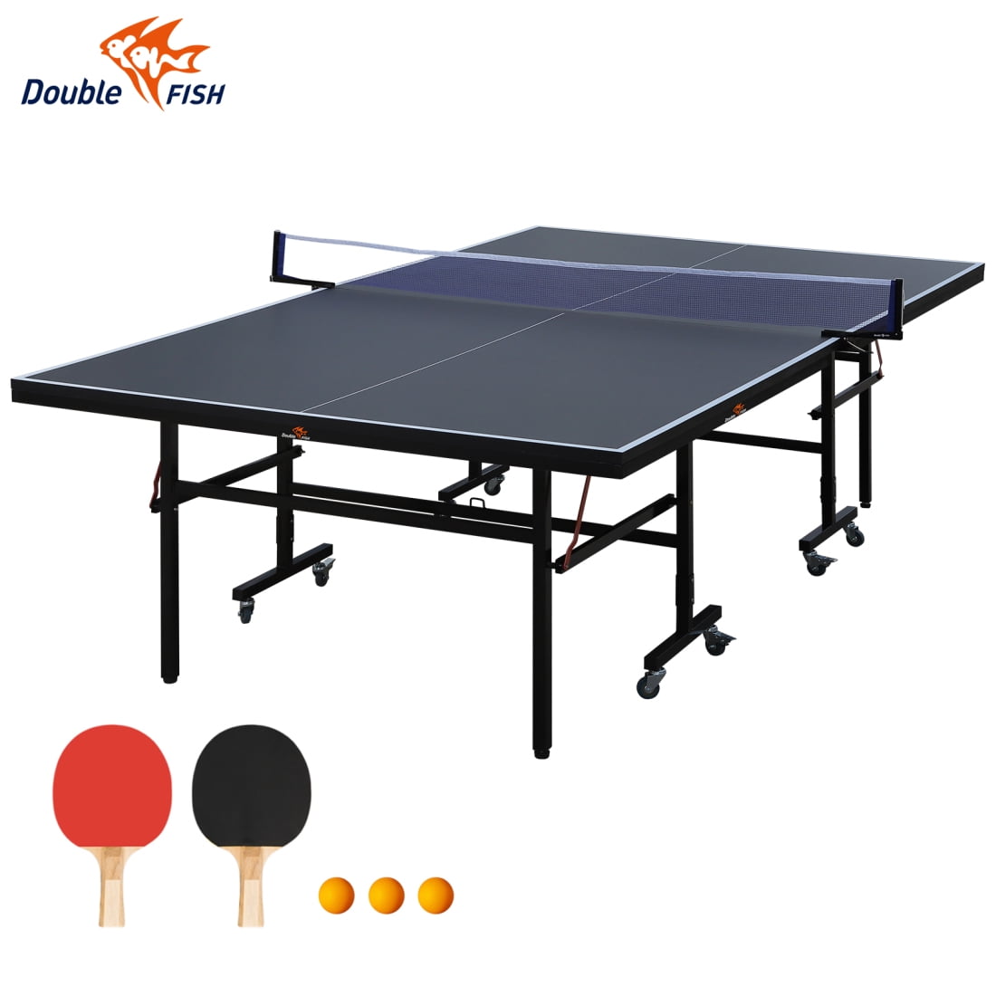 Double Fish 9 Foot Folding Table Tennis Table With 2 Paddles 3 Balls And Net Set Rollable Design With 8 Wheels For Easy Transport And Storage