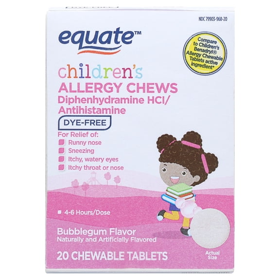 Equate Dye-Free Allergy Relief Chew - Diphenhydramine, Bubble Gum, 20 Count