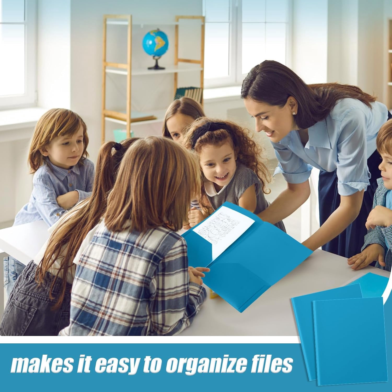 Heavy Duty Two Pocket Plastic Folders with Pockets, Letter Size School Office Folders, 11.61 x 9.45 Inches, Business Card Holder, Blue, 50 Pack