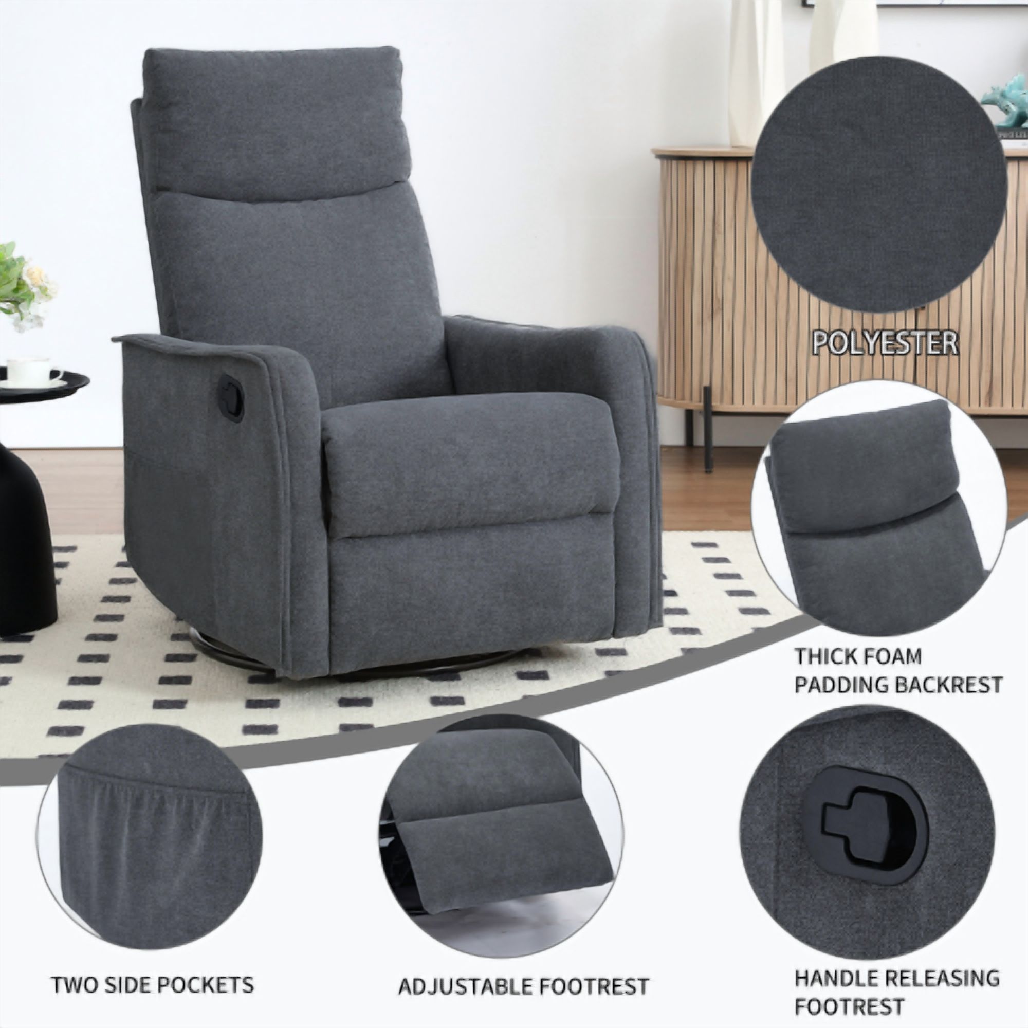 Leumius Recliner Chair with Massage and Heat,360° Manual Swivel Rocker Chair for Adults,Upholstered Fabric Glider Recliner Nursery Chair with Side Pockets for Living Room,Dark Gray