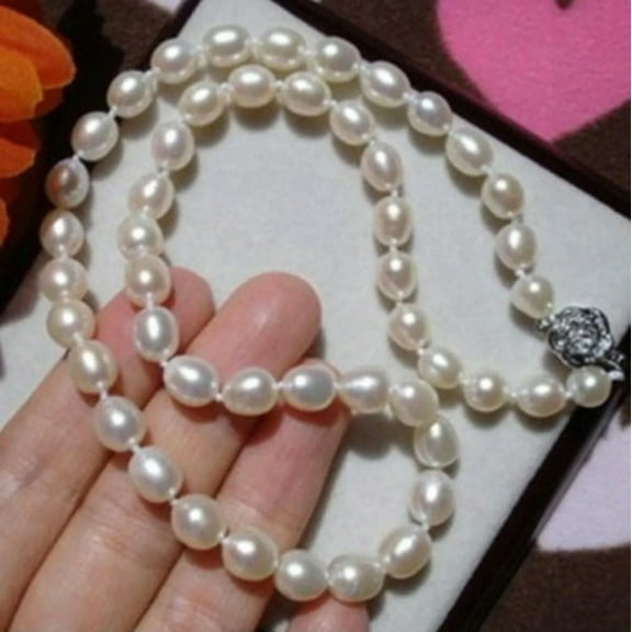 EOEMY Genuine Natural 7-8mm White Cultured Freshwater Rice Pearl Necklace 17 Inches Aa
