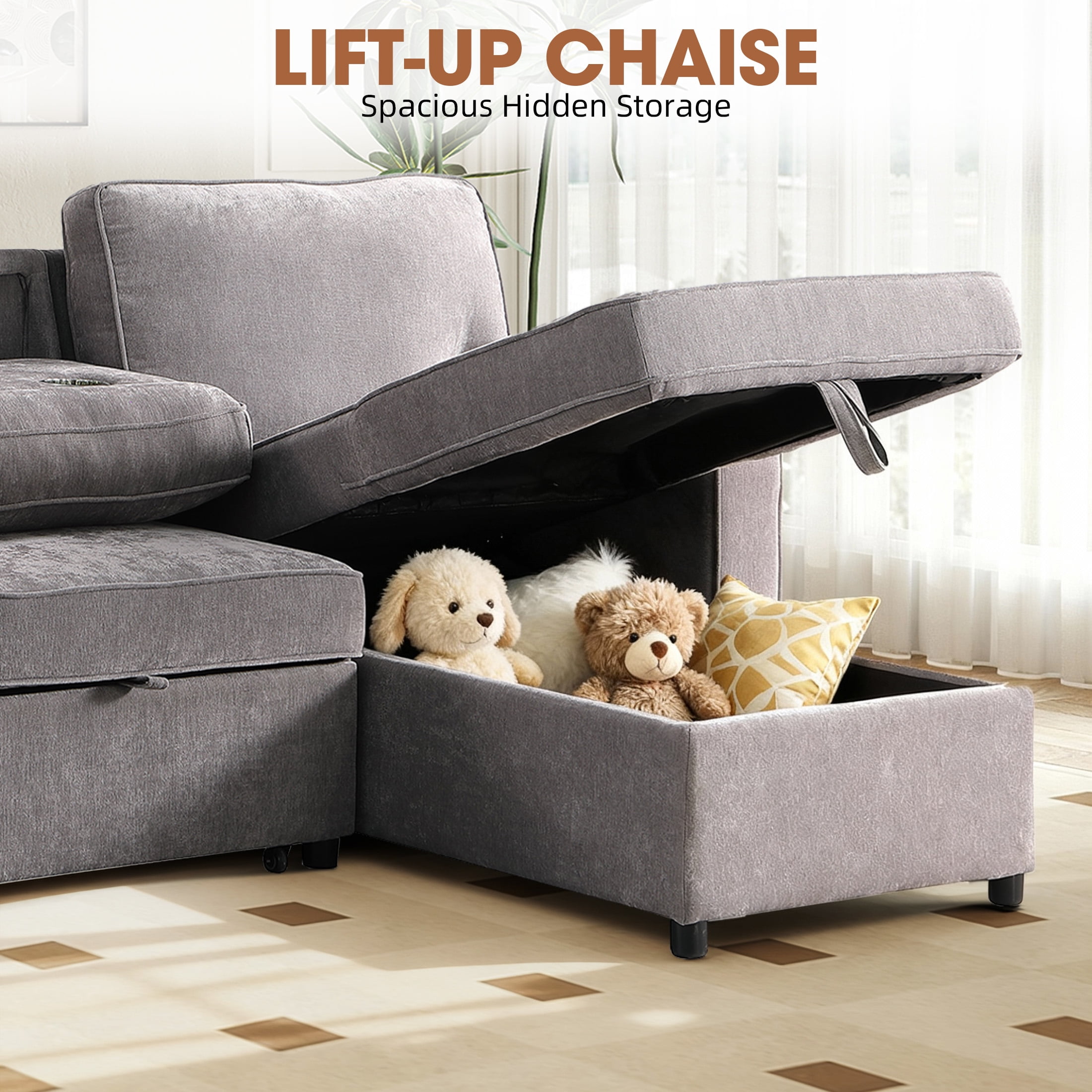 Aukfa Chenille Pull Out Sofa Bed, Reversible Sectional Couch with Storage Chaise, USB/Type-C, Beige