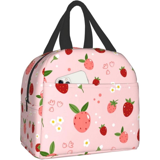 Faty-T Cute Strawberries And Flowers Reusable Lunch Box Lunch Bag Cooler Reusable Tote Picnic Bag Container Lunch Box For Adult Women Men