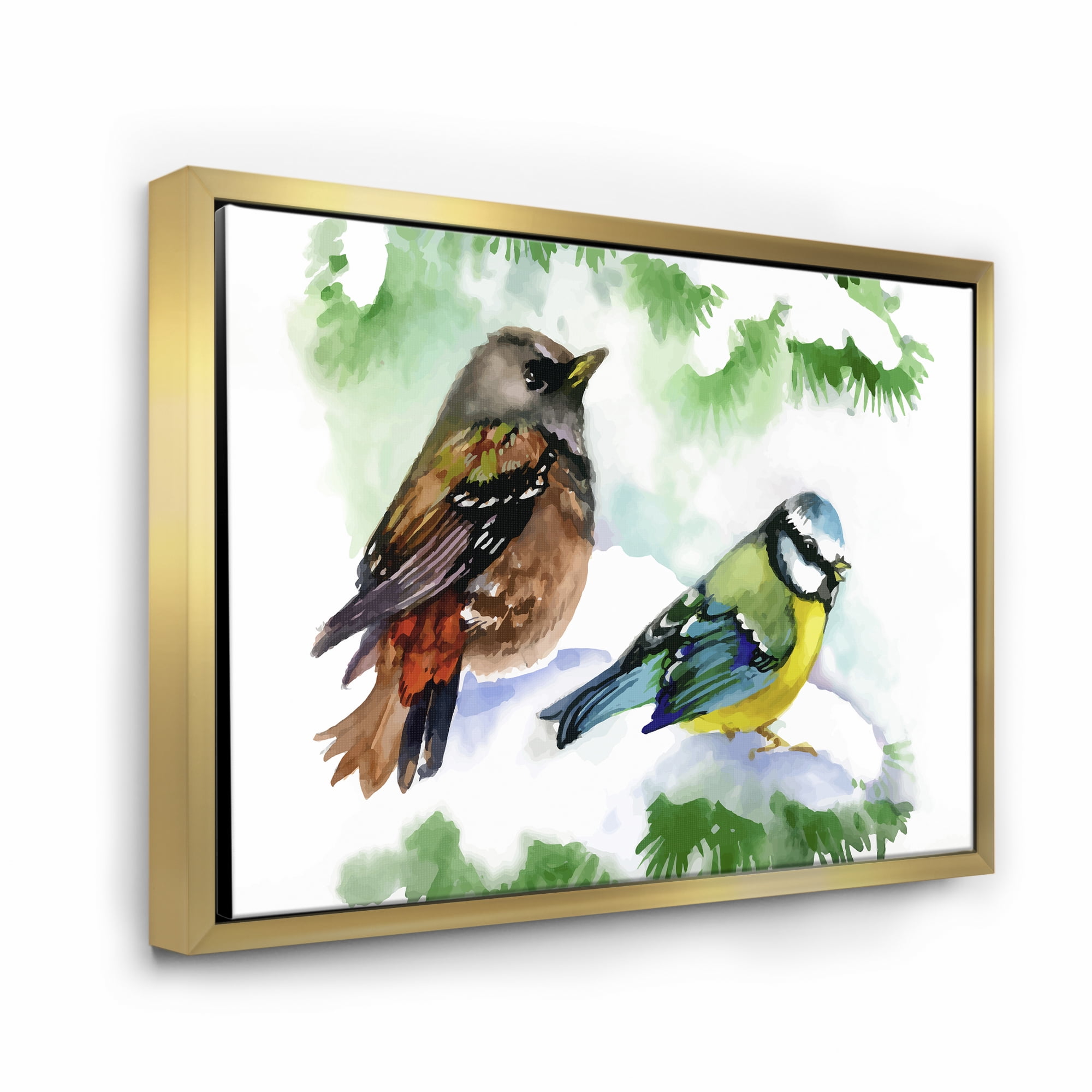 Designart 'Forest Birds Sitting On Snowy Fir Tree Branch' Traditional Framed Canvas Wall Art Print