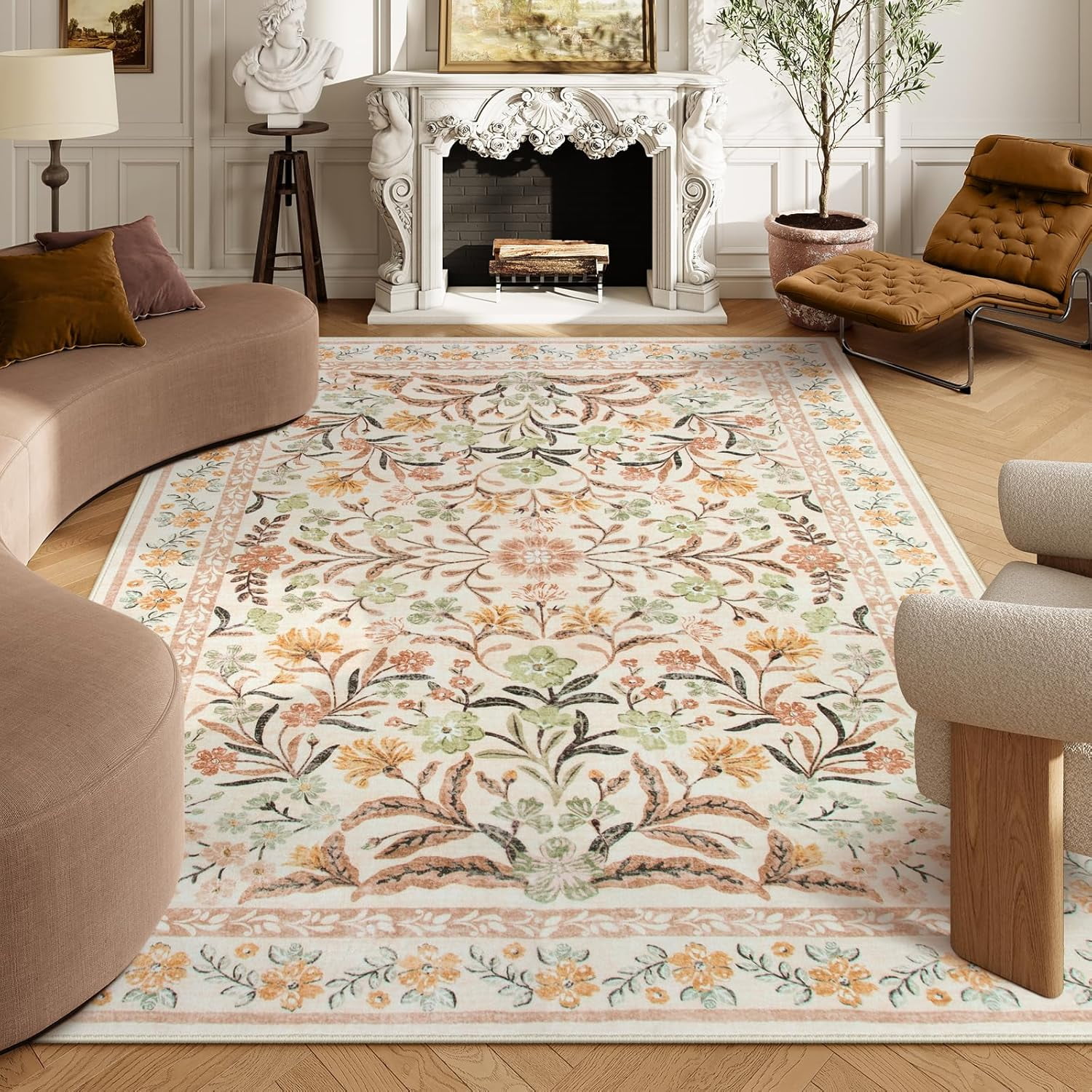Moynesa 8'x10' Fall Area Rugs, Boho Washable Rugs for Bedroom, Bohemian Brown Rugs for Living Room, Soft Floral Thin Carpet for Apartment Dorm Home, Ochre Fall