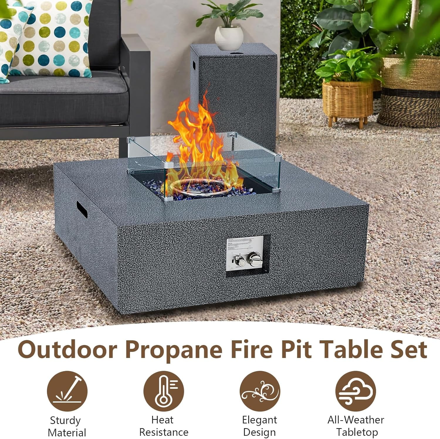 Towallmark Outdoor Fire Table, 36 inch Square Fire Table 50,000 BTU w 16 inches Tank Side Table, Wind Guard, Lava Rocks & Rain Cover for Garden, Pool, Porch, Backyard