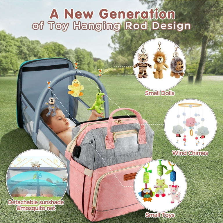 Famistar 8 in 1 Baby Diaper Bag Backpack Unique Toy Hanging Rod Crib Large Capacity Baby Bags with Diaper Changing Station Waterproof Diaper Bags for