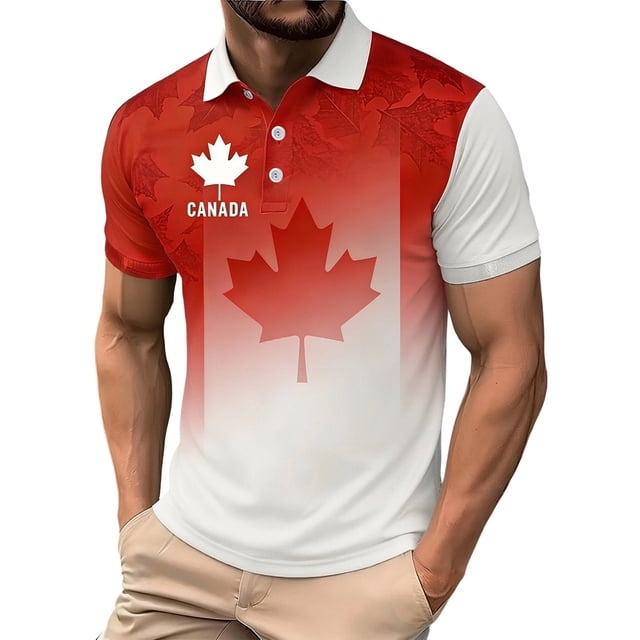 Maple Leaf Print For Canada Day Breathable Performance Classic Fit Short Sleeve Men’s Shirt With Button And Daily Casual Style