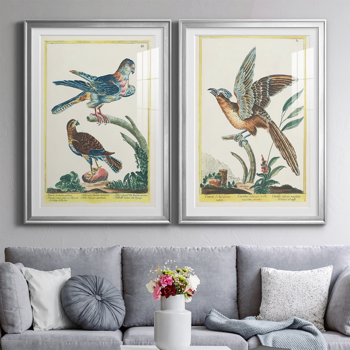Wexford Home Pastel Birds V Premium Framed Print, 22.5" x 30.5" - Ready to Hang, Silver (Set of 2)