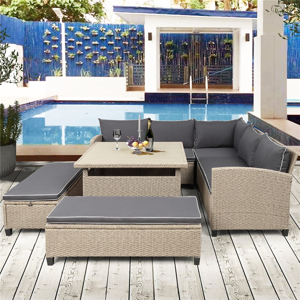 Patio Conversation Set, 4 Pieces Outdoor Wicker Furniture with Loveseat Sofa, Lounge Chair, Wicker Chair, Coffee Table, All-Weather Patio Sectional Sofa with Cushions for Backyard Garden Pool