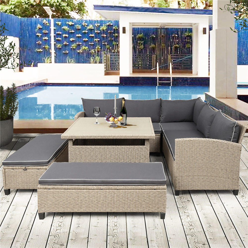 Outdoor Patio Sectional Sofa Set, 4 Piece Patio Furniture Set with Loveseat Sofa, Lounge Chair, Wicker Chair, Coffee Table, All-Weather Outdoor Conversation Set with Cushion for Backyard Garden Pool - image 1 of 8