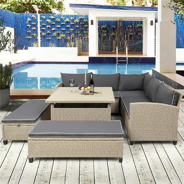 Outdoor Wicker Furniture Sets, 4 Piece Patio Sofa Set with Loveseat Sofa, Lounge Chair, Wicker Chair, Coffee Table, All-Weather Outdoor Conversation Set with Cushions for Backyard Garden Pool, LLL1328