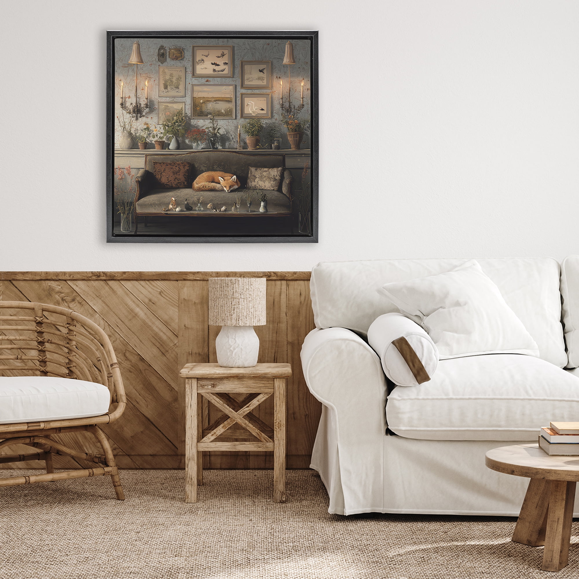 Stupell Industries Fox on Antique Sofa Black Framed Floater Canvas Wall Art, design by The Wands Want