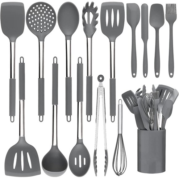 Kitchen Utensils Set for Professional Chefs, Heat Resistant Non-scratch Tools, Easy to Clean BPA Free Food Grade Silicone Cooking Accessories, 15 Piece Grey