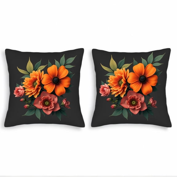 Vibrant Floral Throw Pillow Covers 18x18in Set of 2 - Artistic Orange & Pink Flower Design for Couch Bed Car Decor