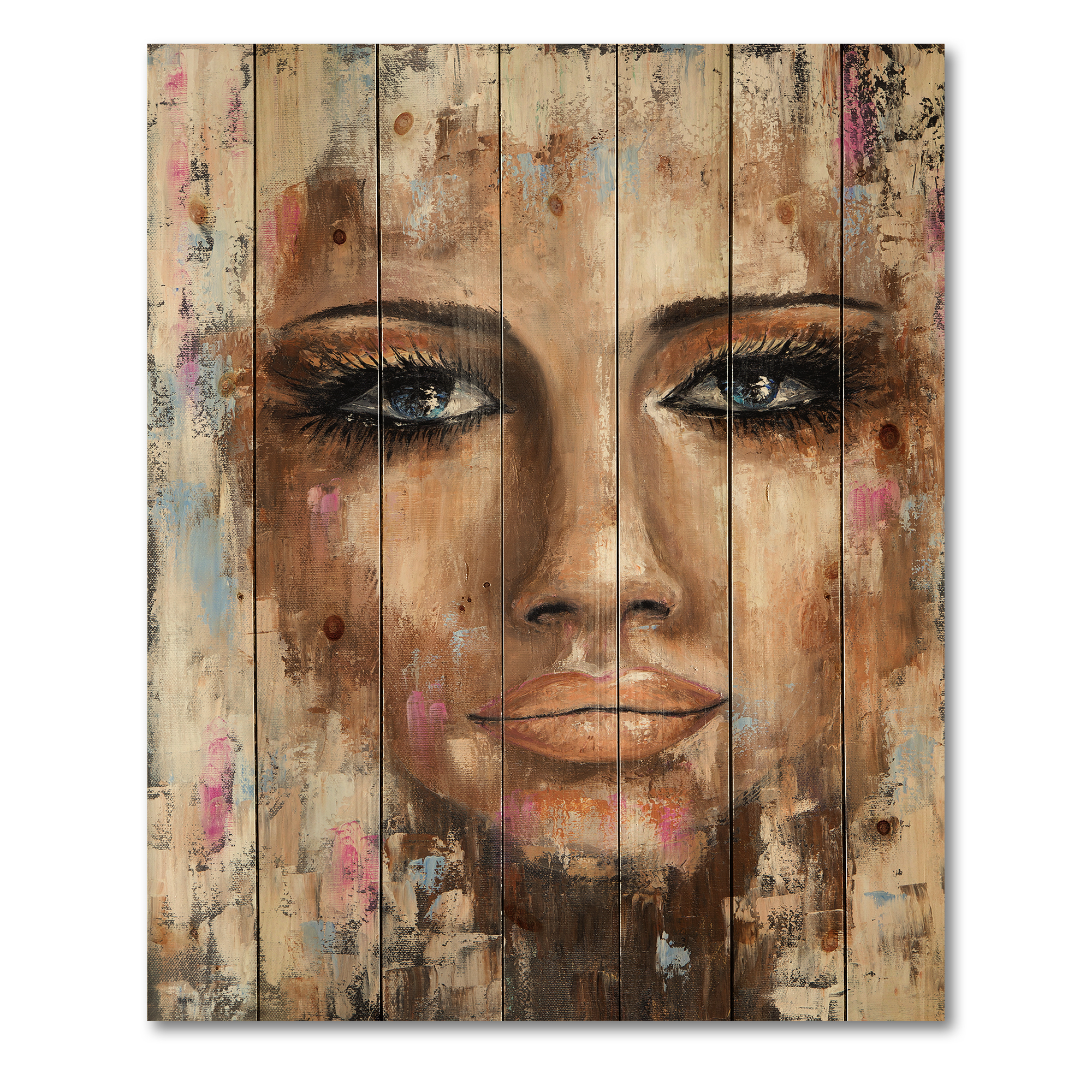 Designart 'Abstract Portrait Of A Young Woman With Blue Eyes I' Modern Print on Natural Pine Wood