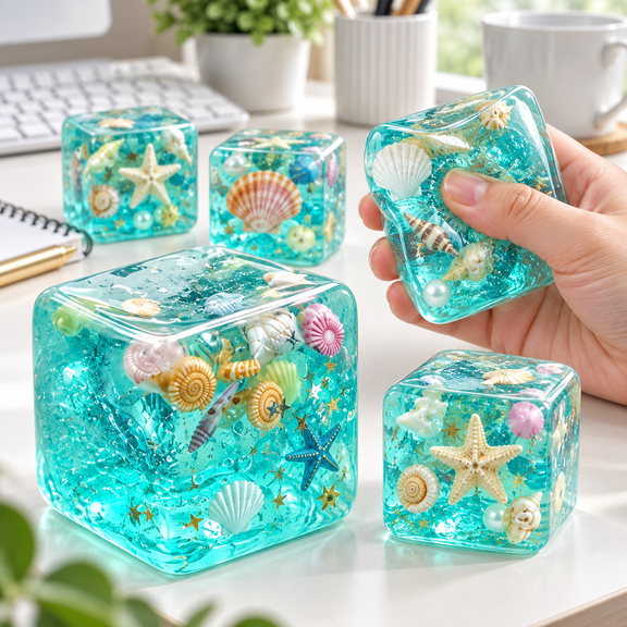 Cute Ocean Squishy Cube with 3D Sea Shell Design for Stress Relief, Sensory Fidget Play and Squeeze Fun at Home or Office
