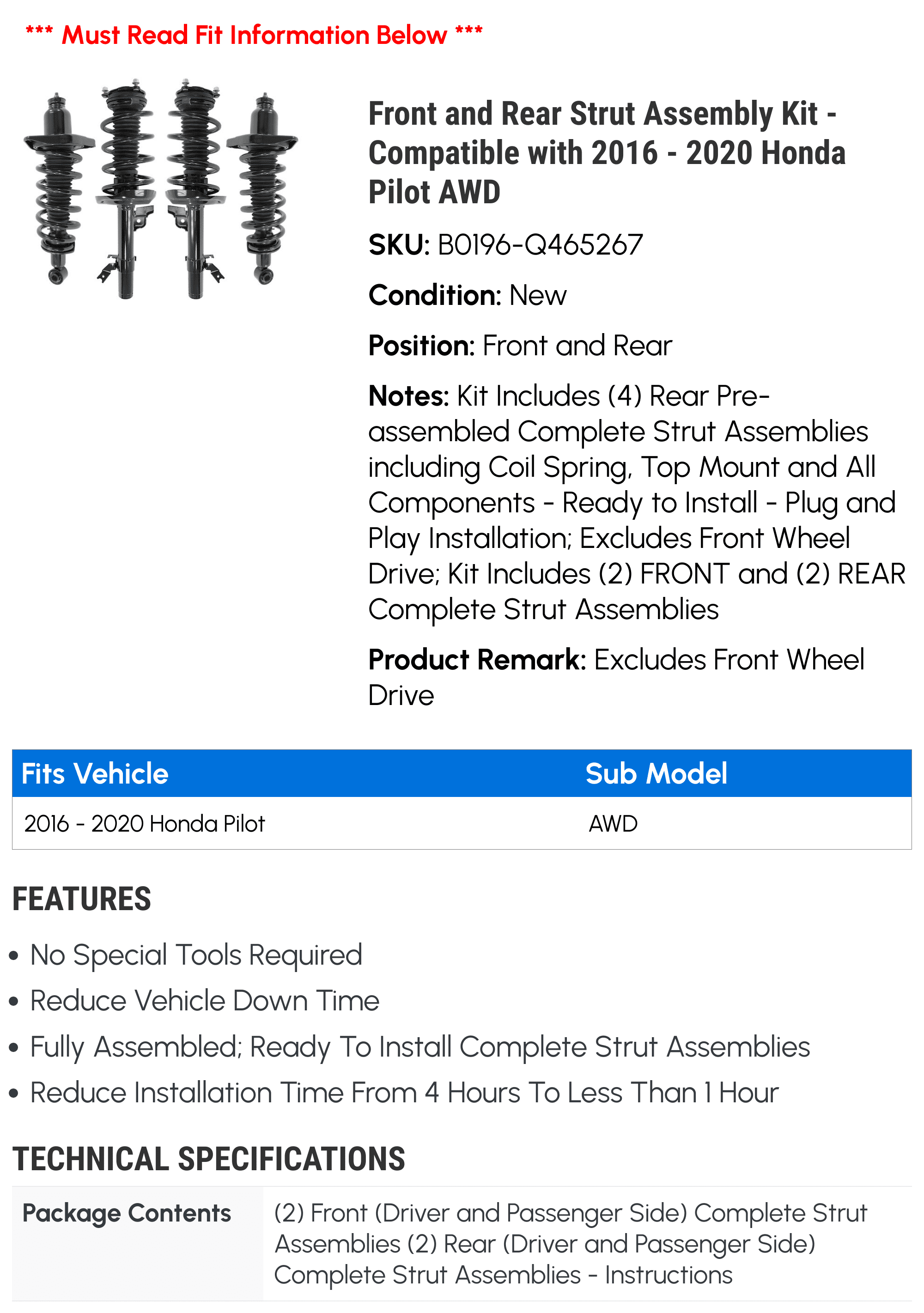 Front and Rear Strut Assembly Kit - Compatible with 2016 - 2020 Honda Pilot AWD 2017 2018 2019