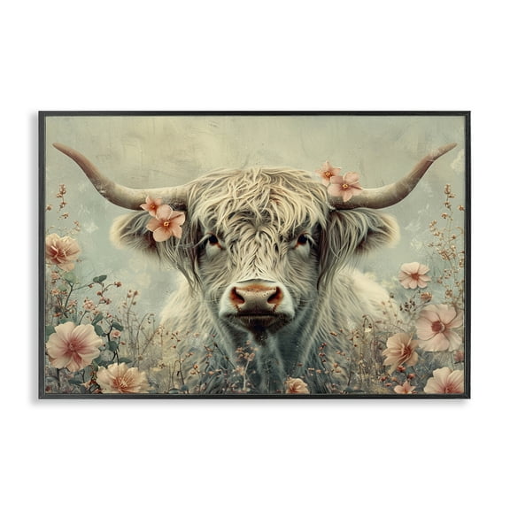 Stupell Industries Cow with Cherry Blossoms Animals Painting Black Framed Art Print Wall Art, 18 x 12