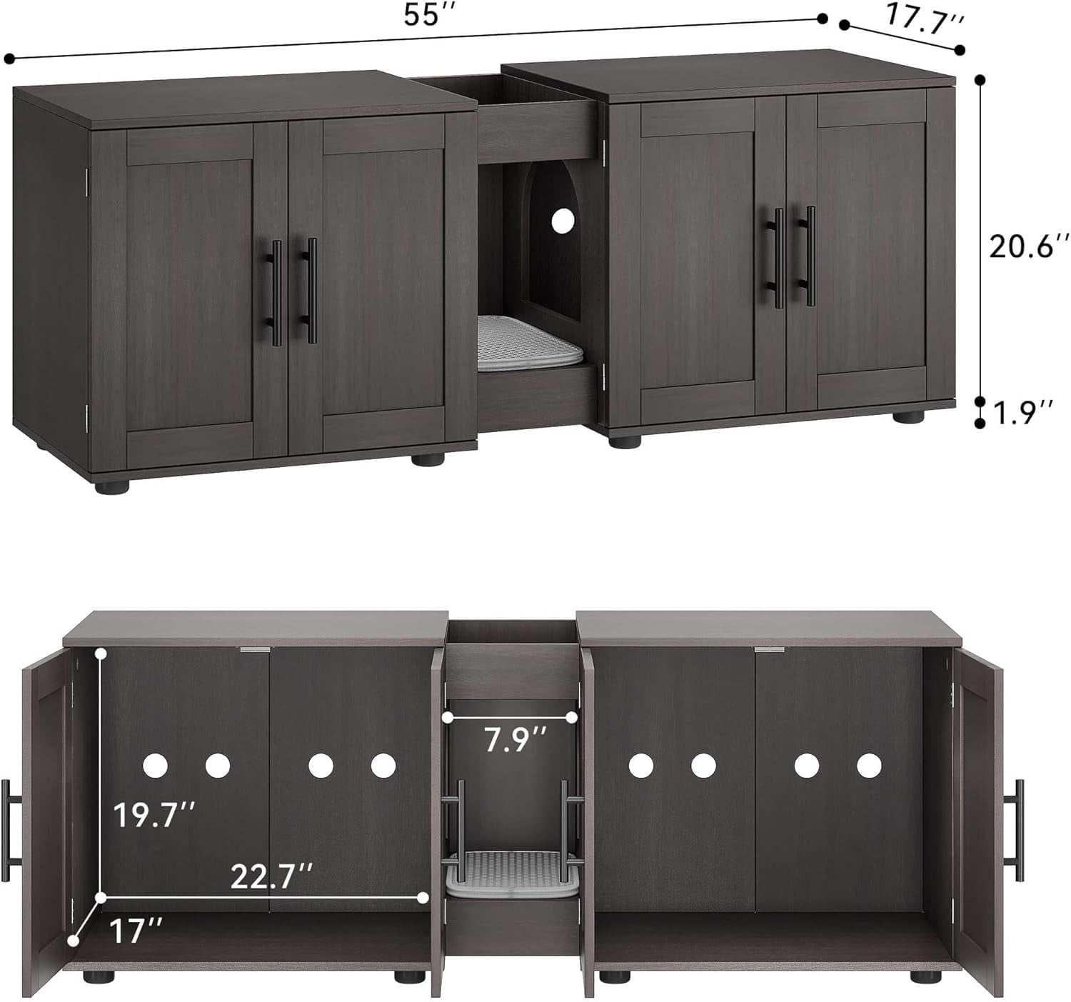 Hetoy Elegant Double-Room Cat Litter Cabinet – Stylish Litter Box Enclosure for Two Cats with Storage and Cat Mat, 55”L x 17.7”W x 22.5”H in Black