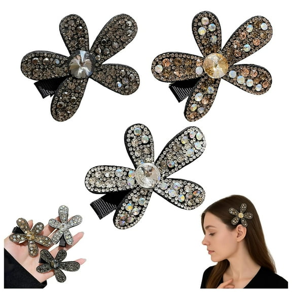 Flower Sparkling Rhinestone Hair Clip, Women's Flat Hair Clip, Duckbill-Shaped Anti-Slip Claw Clip, Strong Grip Hair Accessory, Thick and Fine Hair for Work and Everyday Styling (3Set)