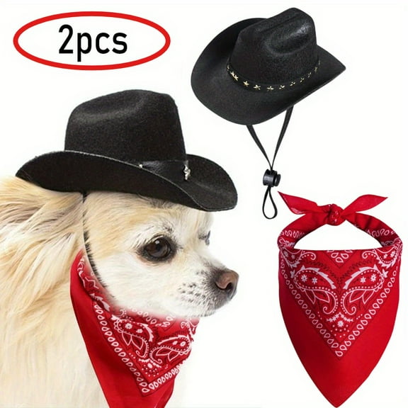 Black Pet Cowboy Costume, Small Dog Cowboy Hat with Red Bandana for Western Parties & Halloween