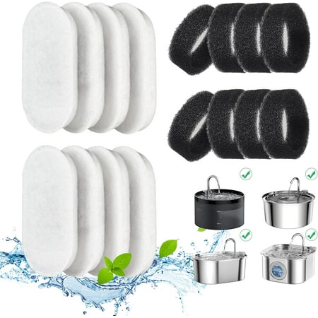Cat Water Fountain Filters 16 Pack Cat Fountain Filters Cat Fountain Replacement Filters for 67oz/2L&108oz/3.2L Stainless Steel Cat Water Fountain Pet Water Fountain Filters (8 Filters & 8 Sponges)