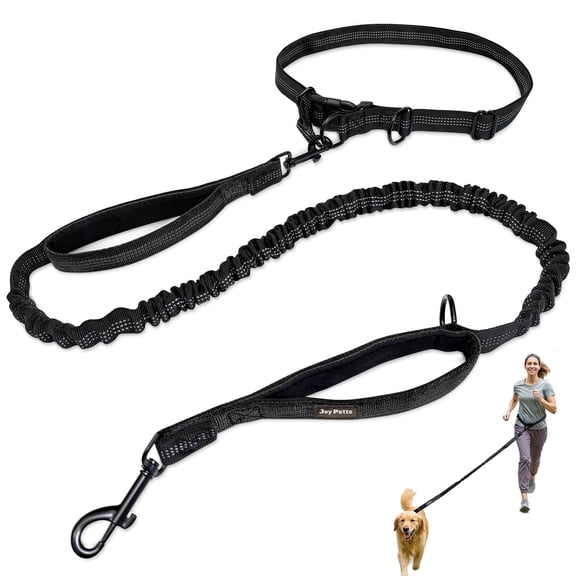 JoyPetto Hands-Free Dog Leash Waist Belt for Small/Medium Dogs - 28"-47" Adjustable, 2 Handle, Bungee Dog Leash with Reflective - Black
