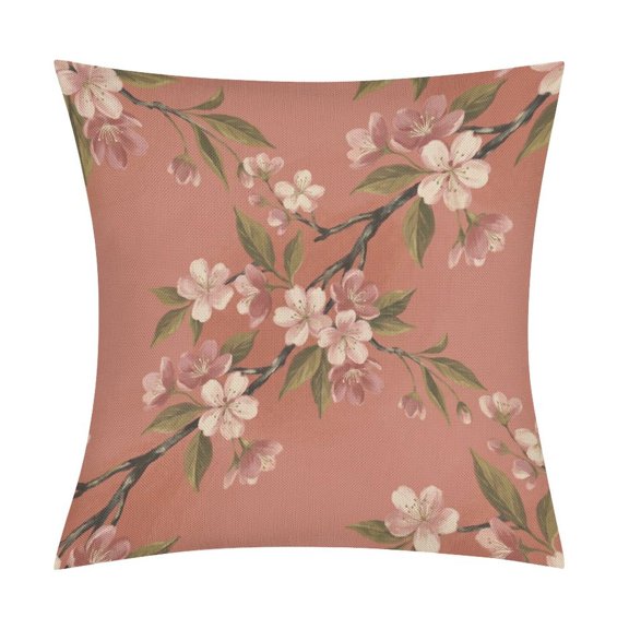 Japanese Pink Cherry Blossom in Coral 2-Pack Decorative Faux Linen Pillowcases, Hidden Zipper Cushion Covers for Home