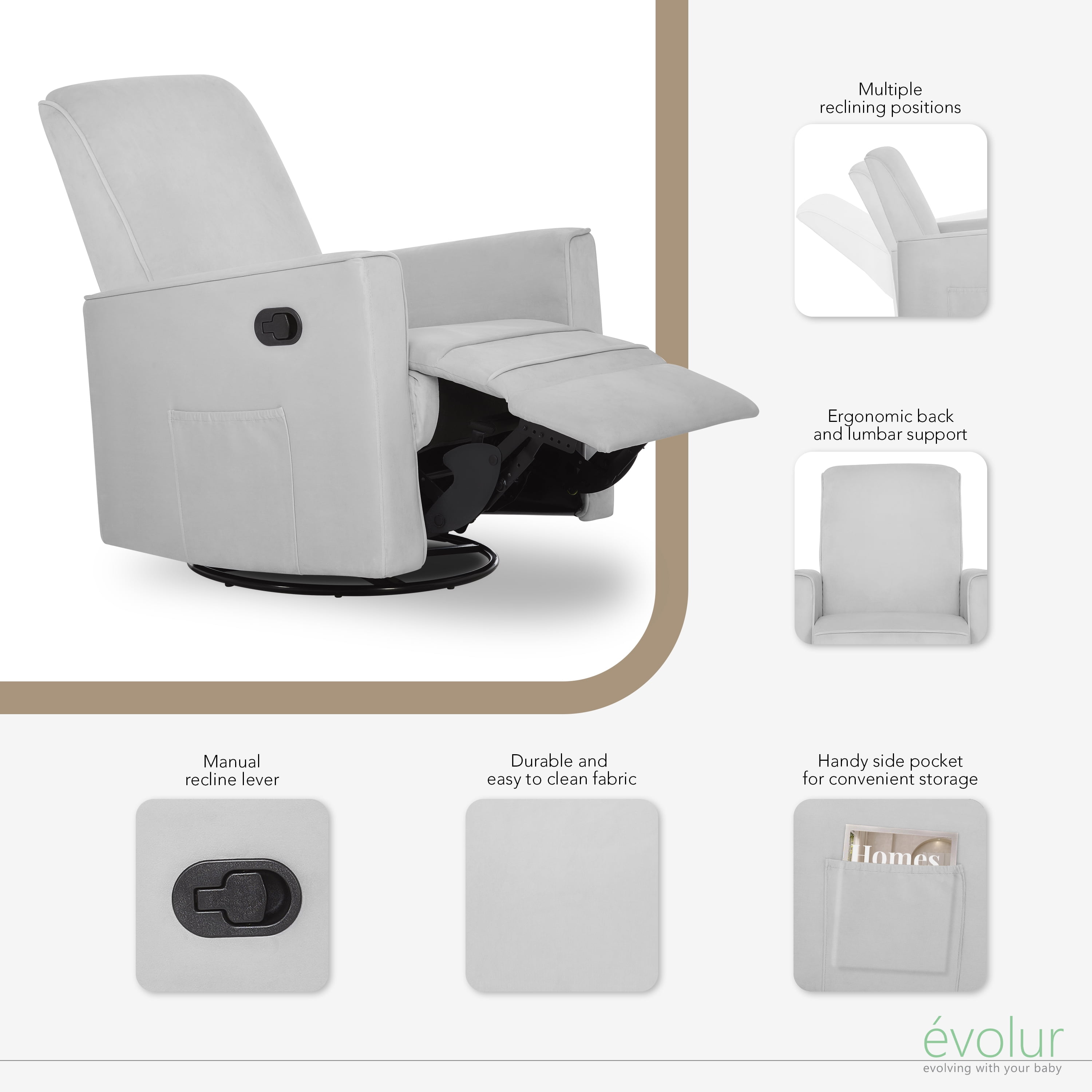 Evolur Raleigh Nursery Glider Recliner and Rocking Chair in Gray, 360° Swivel Motion, Multiple Recline Positions, Easy to Clean, FSC and Greenguard Gold Certified