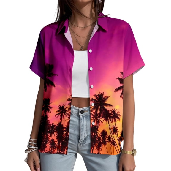 Yopmin Hawaiian Shirts Womens Palm Tree Lapel Button Down Short Sleeve Beach Shirts Summer Basic Tops for Travel