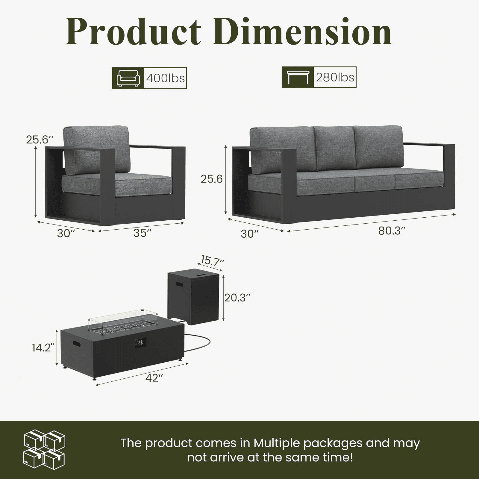 LayinSun Oversized Aluminum Outdoor Furniture Set, 4 Piece Patio Sofa Sets with Fire Pit Table, Deep Seating and Upgraded 6-inch Cushions for Porch, Balcony, Deck