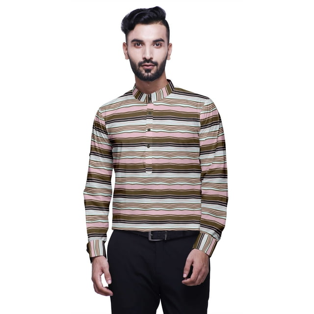 BESTMAN Mandarin CollarShirt Printed Mens Short Kurta Casual Ethnic Dress